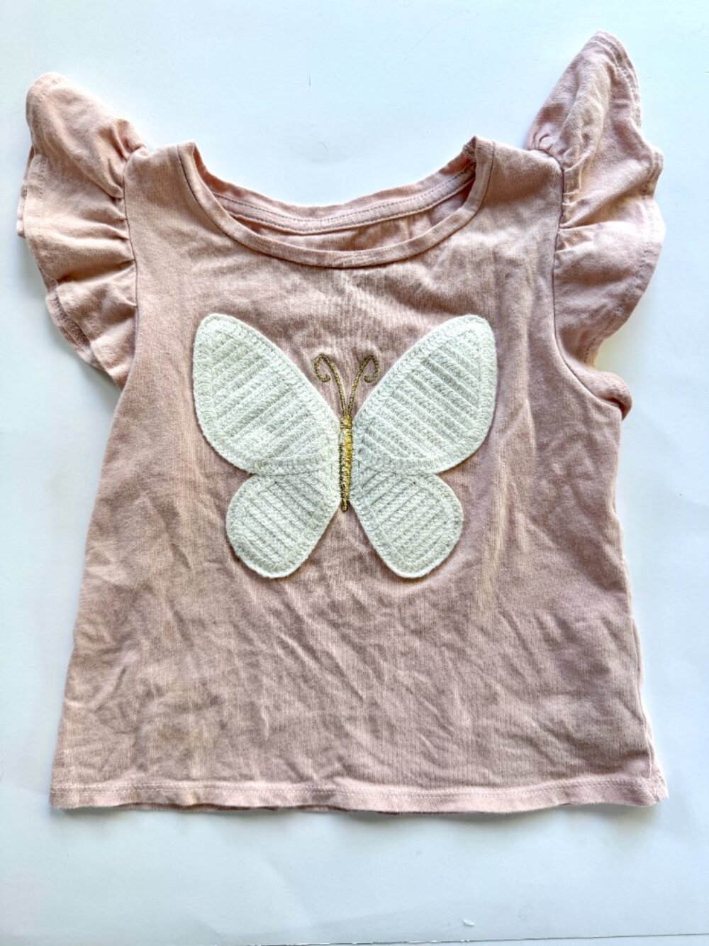 H&M Girls Crochet Butterfly Flutter Sleeve Tee Pink 3-4T